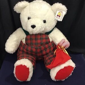 XMAS 1988 Chrisha Playful Plush Big White Bear in Red Plaid Overalls & Gift Bag.
